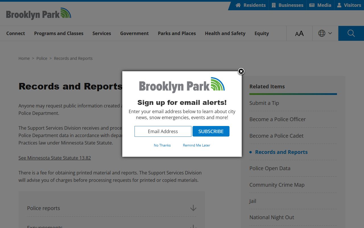 Brooklyn Park sex offenders Brooklyn Park Police Department Records Division for predatory offender registration