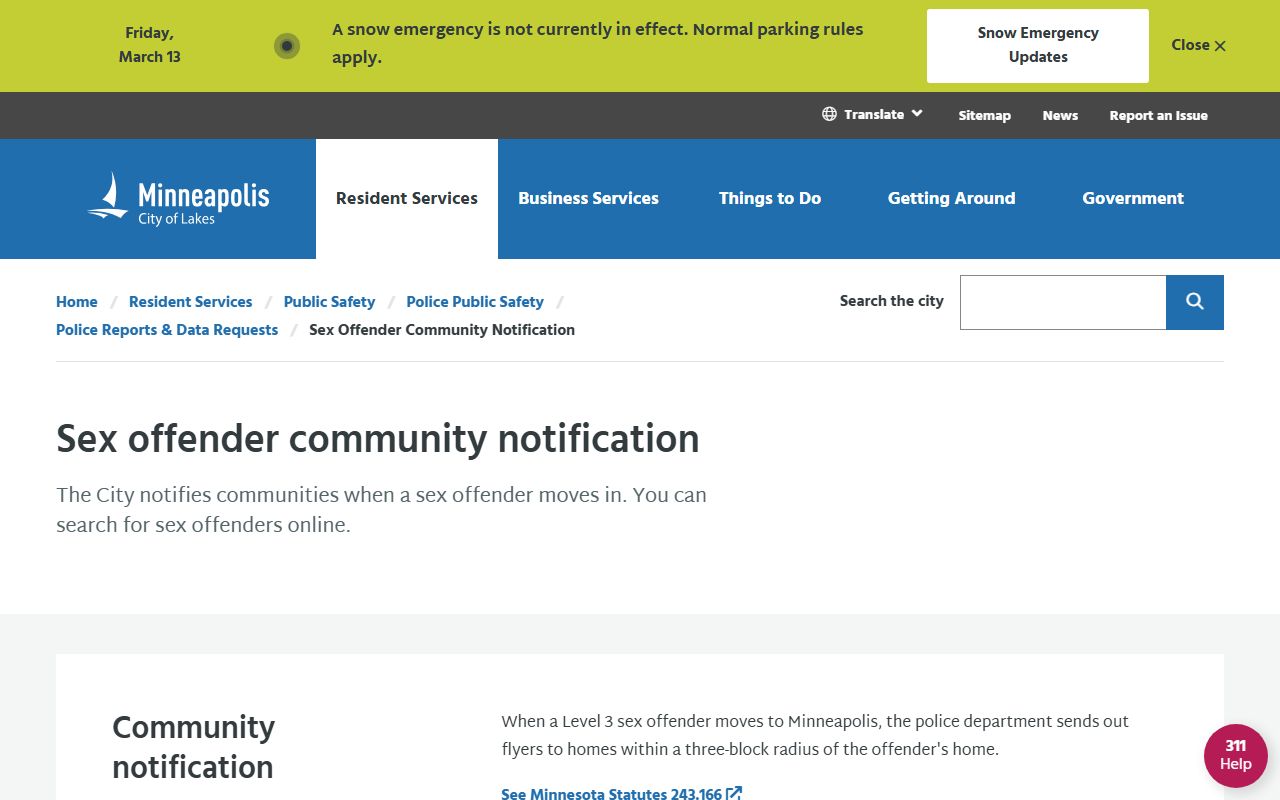 Minneapolis sex offenders community notification page from the Minneapolis Police Department