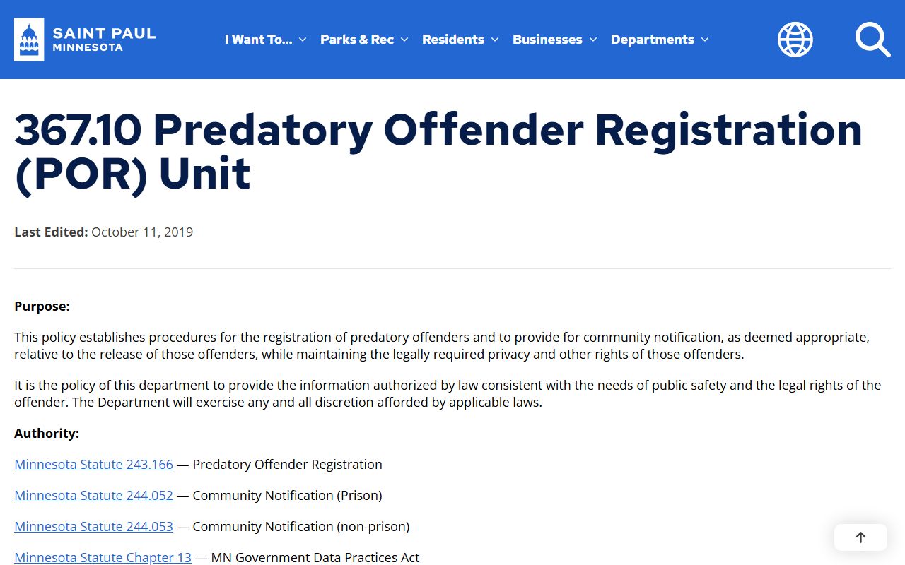 St. Paul predatory offender registration unit policy page for sex offenders in St. Paul