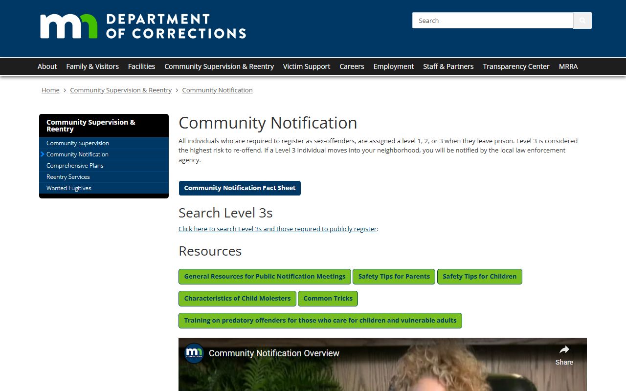 Minnesota sex offenders DOC Community Notification main page