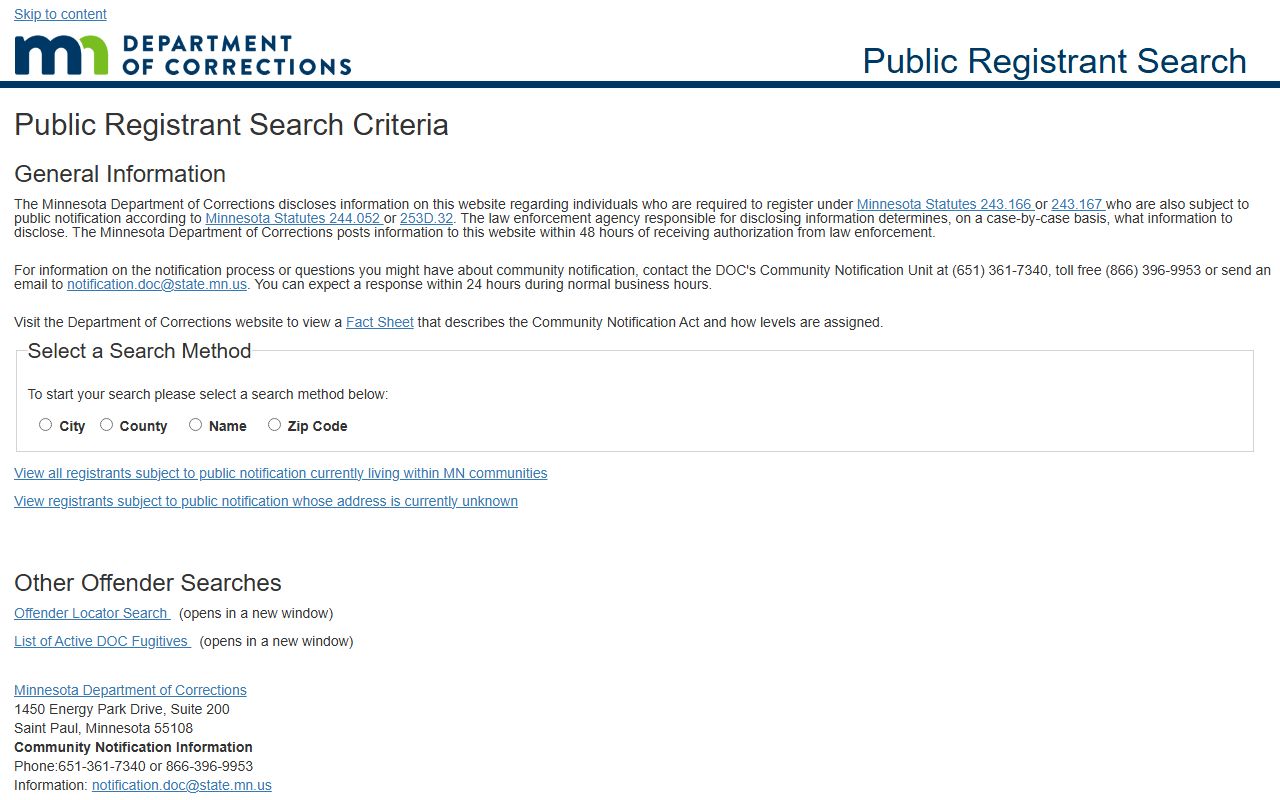 Minnesota sex offenders DOC Public Registrant Search portal