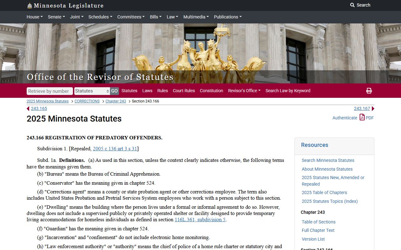 Minnesota sex offenders Statute 243.166 predatory offender registration